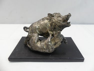 Vintage Dog & Boar Sculpture with Marble Base