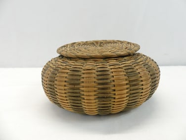 Antique Hand Woven Sewing Basket with Lid