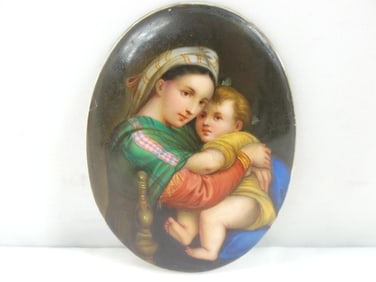 Antique Hand Painted Porcelain Oval Plaque, Mother & Child