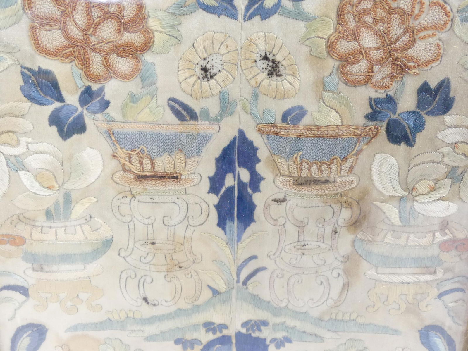 Antique Silk 19c Chinese Fine Silk Embroidered Sleeve Bands: approx. 9 1/4 x 20 1/2, some dark marks, see photo's