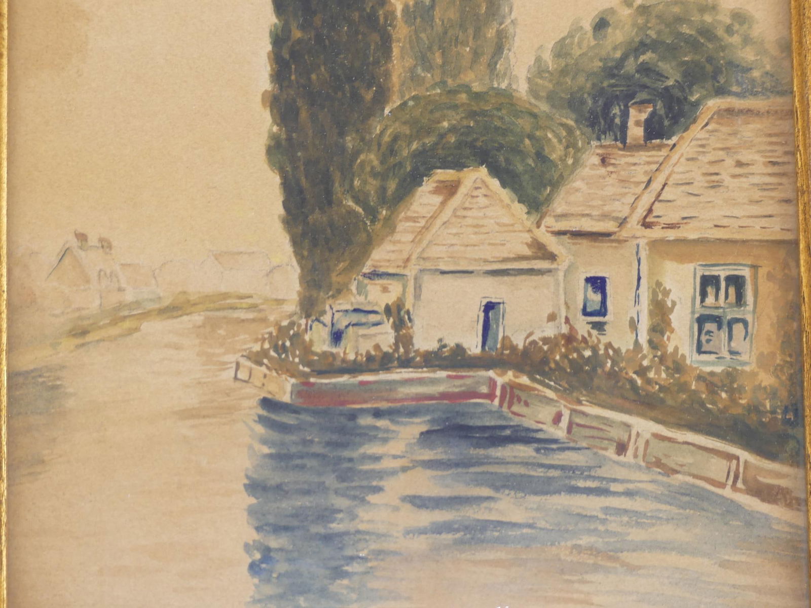 Antique Water Color on Board Unsigned in Nice Oak Frame: approx. 12 1/2 x 18 1/2, see photo's