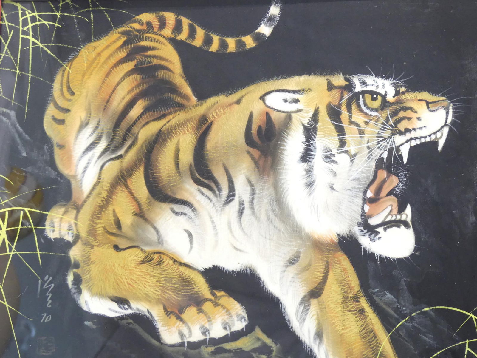 Mid-century Japanese Tiger Painting on Silk Signed & Red Stamp: Original Japanese Ferocious Tiger, approx. 18x15 including frame,