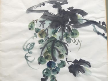 Signed Japanese Watercolor of Grapes
