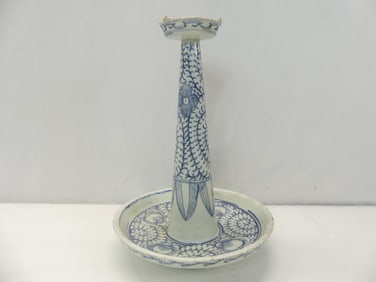 19c Chinese Blue & White Hand Painted Porcelain Candle Stand