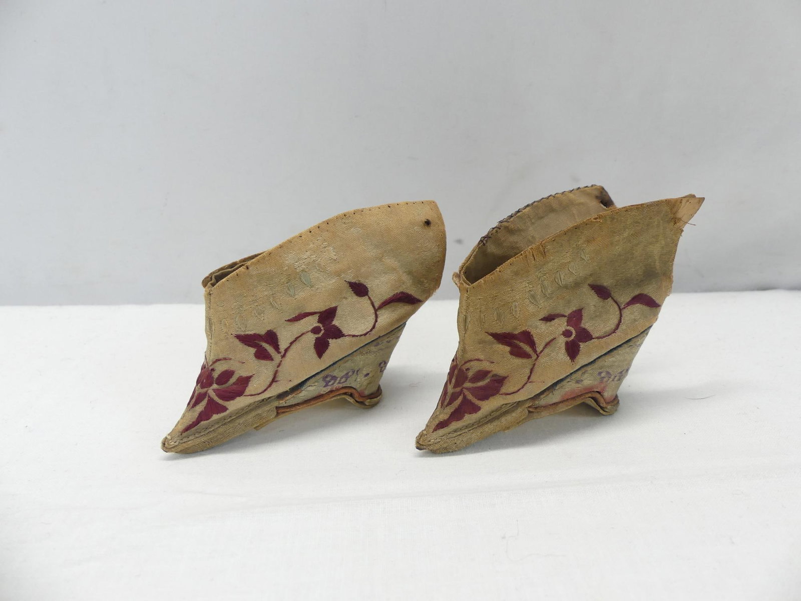 19c Chinese Infants Bound Foot Lotus Shoes: approx. 1 1/2 inches heel to toe, see photo's