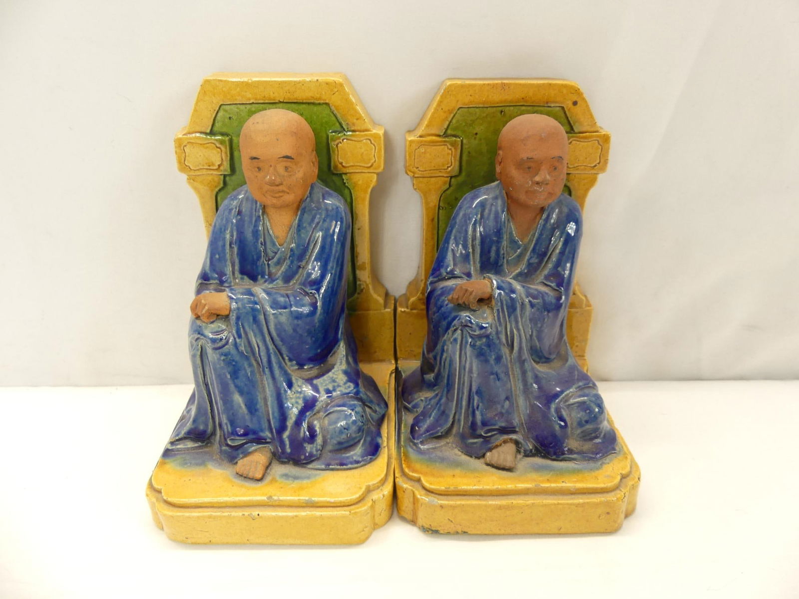 Antique 19th C. Chinese Clay Emperor's Bookends: approx. 7 tall, yellow, blue and green under glaze, some small chips, see photo's