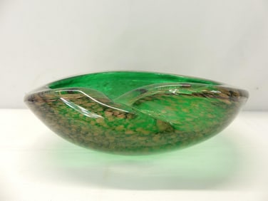 Vintage Green & Gold Fleck Murano Art Glass Bowl