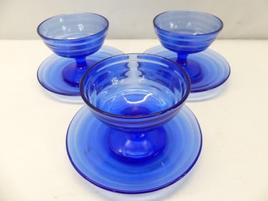 Set of 3 Vintage Cobalt Blue Depression Glass Sherbets & Plates