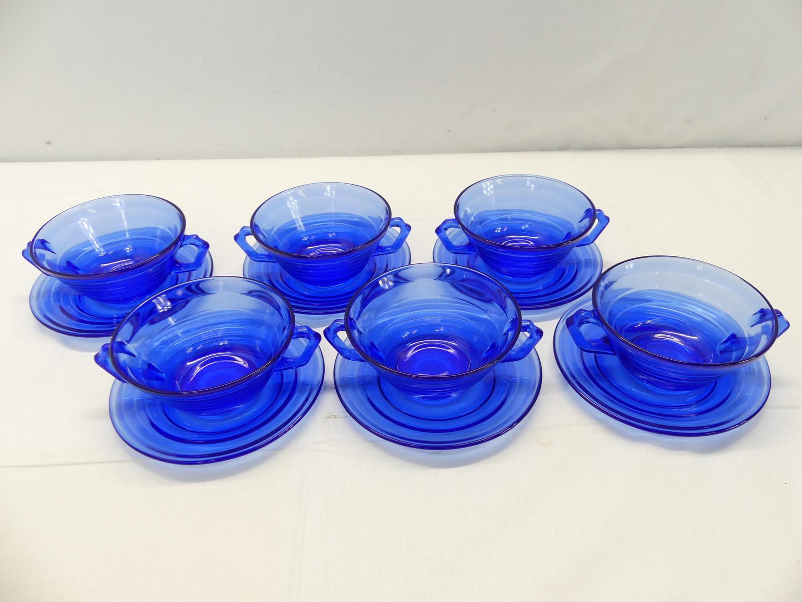 Lot of 6 Vintage Cobalt Blue Depression Glass Soups & Saucers: double handle soup bowls with saucers, see photo's