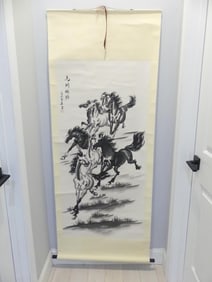 Antique Chinese Scroll Signed & Stamped 8 Horses