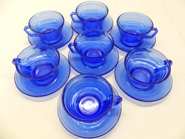 Lot of 7 Vintage Depression Glass Cobalt Blue Cups & Saucers
