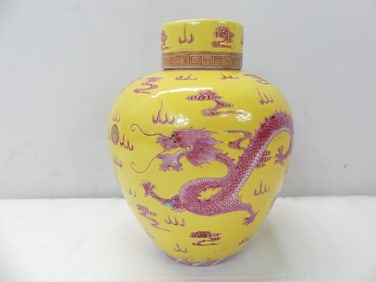 19c Signed Chinese Covered Urn w/5 Claw Hand Painted Dragon