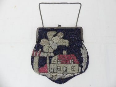 Antique Beaded Purse with House & Tree, Floral Etched Frame