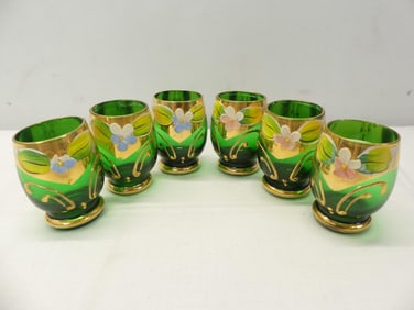 Set of 6 Vintage Green Hand Painted & Gold Leaf Shot Glasses