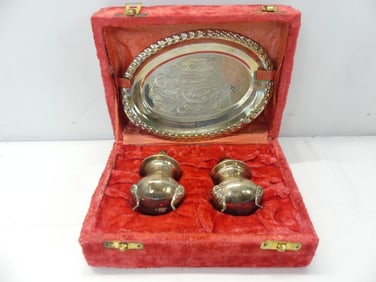 Vintage Chinese Salt, Pepper & Tray in Original Velvet Box