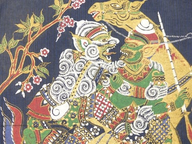 Thai Silk Painting Hanuman Fighting with Giant
