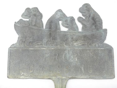Vintage Frog Crossing Metal Garden Sign, Frogs in Boat