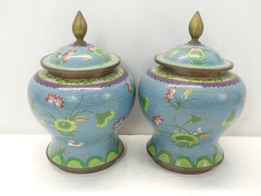 Wonderful Pair of 19c Cloisonne Covered Urns Flowers & Ducks