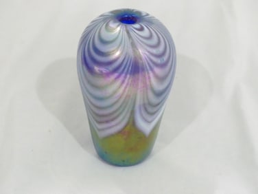 Signed Blue Iridescent Art Glass Vase, Hand Blown