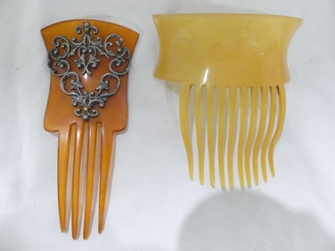 Lot of 2 Victorian Hair Combs, 1 With Silver Tone Fret Work