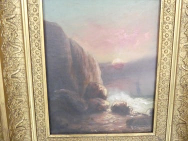 Antique 19c "Murdoch" Sunset at Sea Oil on Canvas, Signed