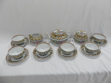 Antique 17 Piece Famille Rose Medallion Tea Set for six