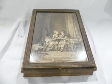 Antique Wood Box with Victorian Engraving & Mirror Inside
