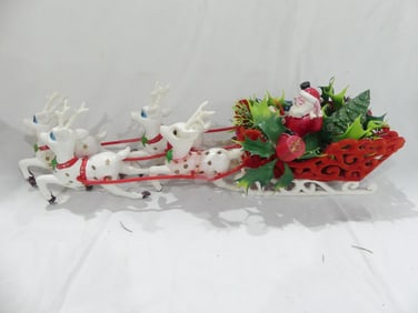 Vintage 1950's Plastic Santa, Sleigh & 4 Reindeer