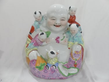 Vintage Hand Painted Porcelain Chinese Buddha with Children