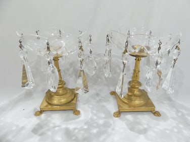 Pair of Vintage Crystal & Brass Compotes with Claw Feet