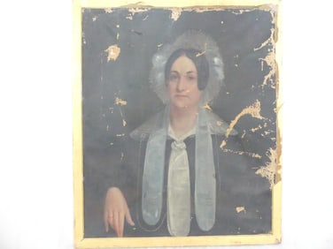 Early Primitive Oil on Canvas of Woman's Portrait, As Found