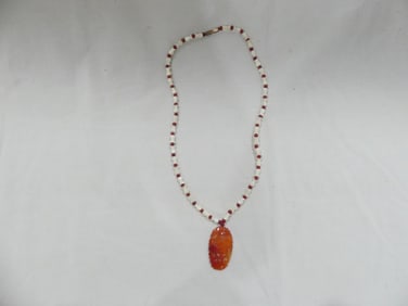 Antique Chinese Hand Carved Carnelian Pendant Necklace