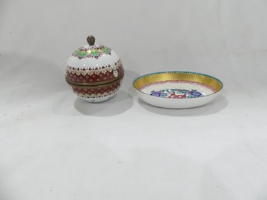 Lot of 2 Vintage Hand Painted Enamel Tray & & Trinket Box