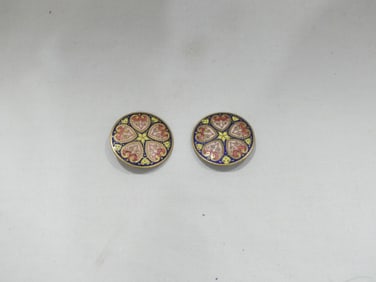 Lot of 2 Antique Enamel Hand Painted on Brass Buttons
