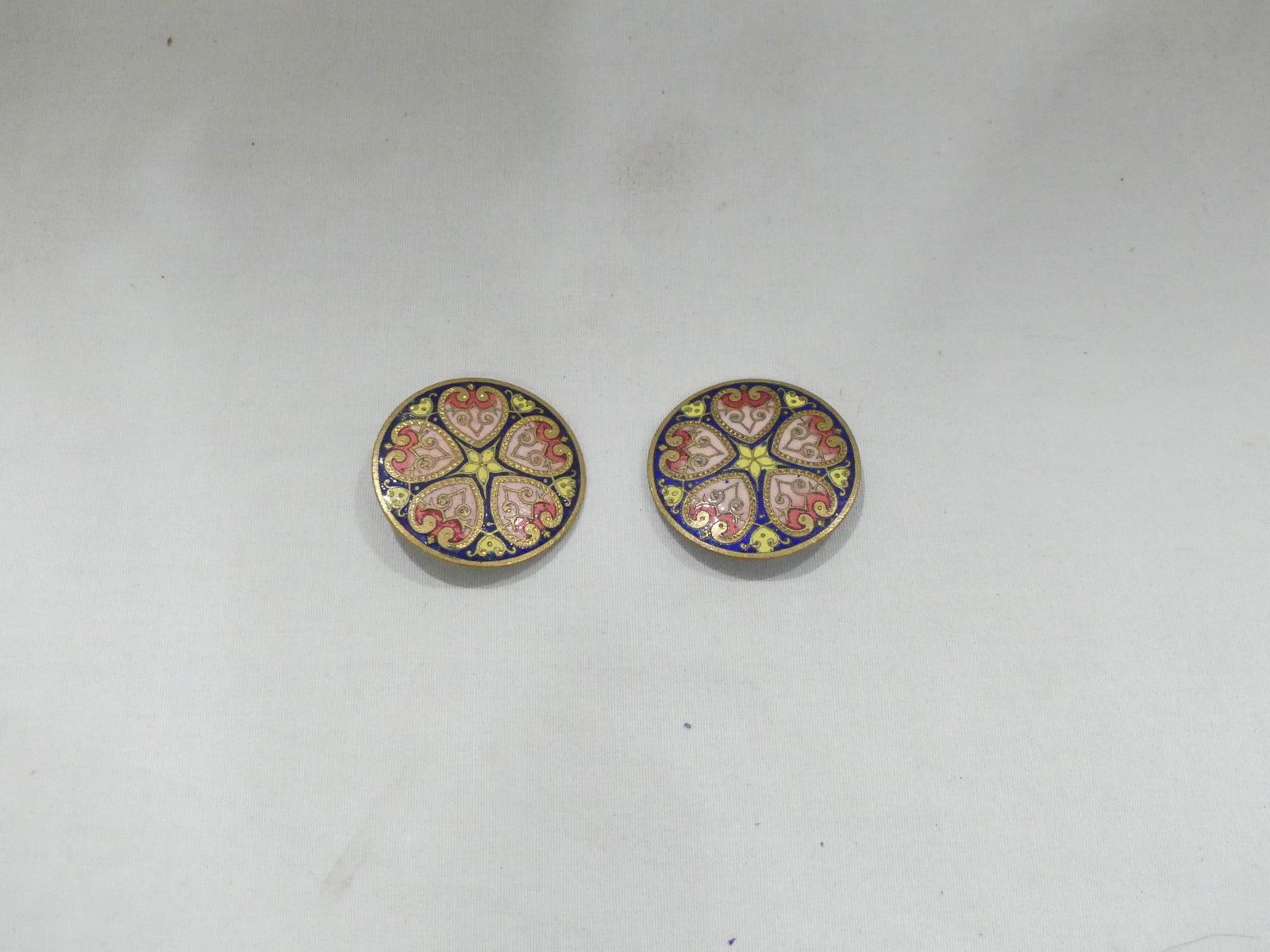 Lot of 2 Antique Enamel Hand Painted on Brass Buttons (1 of 4)