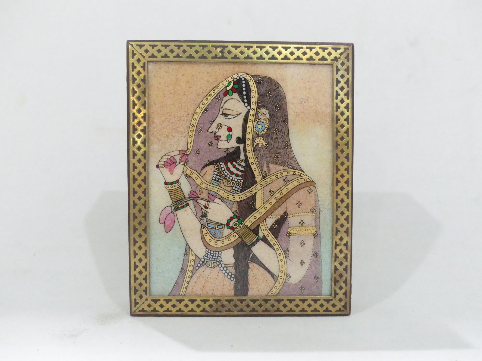 Vintage Hand Painted Gem Stone & Inlay Bani Thani Jewelry Box: approx. 1 1/2 x 4 1/4 x 5 1/4, see photo's