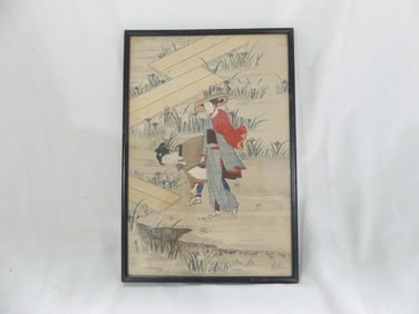 Antique Suzuki Harunobu Travelers at Yatsuhashi Wood Block