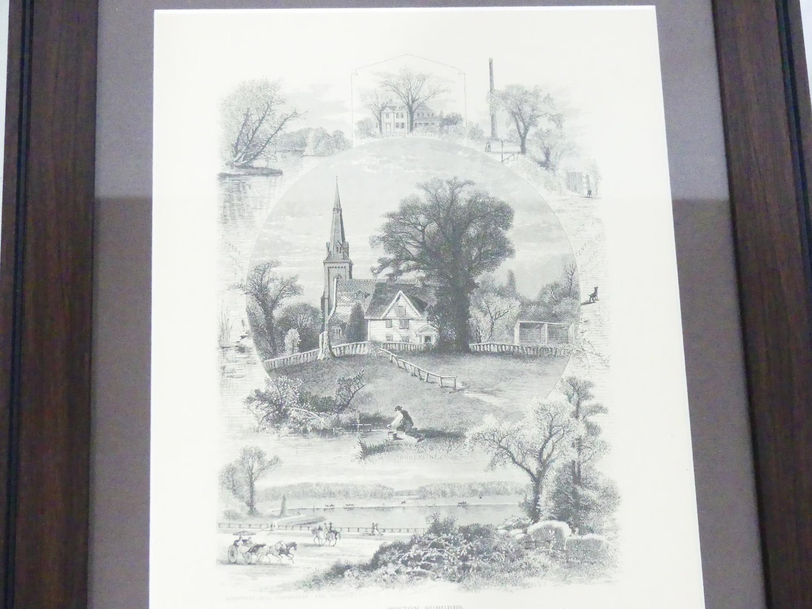 Antique 1874 Boston Suburbs Original Print by W. Cullen Bryant: approx. 13 1/2 x 16 1/2 including frame, see photo's