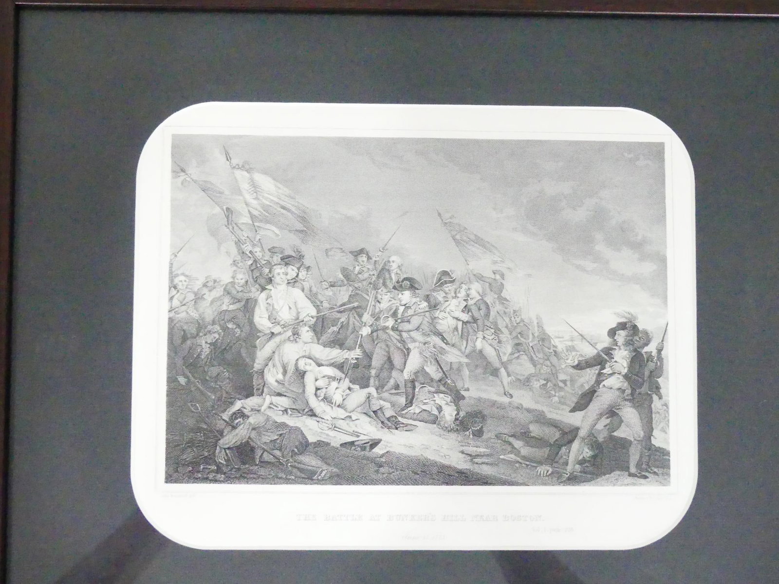 Antique 1834 Steel Engraving "Battle of Bunker Hill": approx. 13 1/2 x 16 1/2 including frame, see photo's