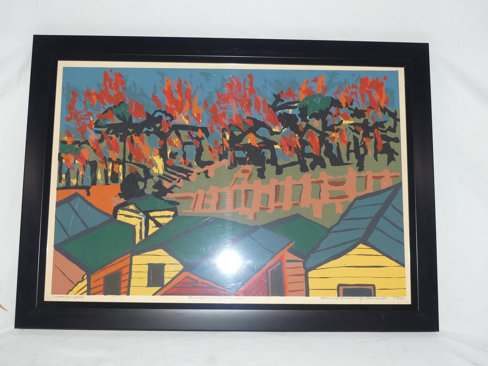 vintage 1960 Fuego en el Mangle by Manual Hernandez Acevedo: pencil signed and numbered, approx. 15 1/4 x 21 1/4 including frame, see photo's
