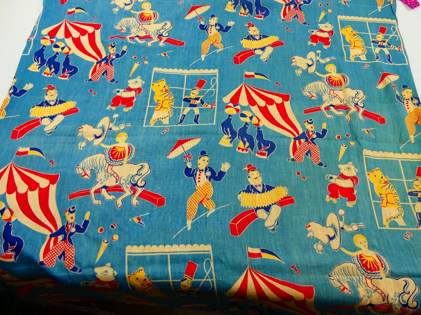 Vintage Blue 1930-40's Blue Circus Print Cotton/Linen Panel: approx. 35" x 73", see photos