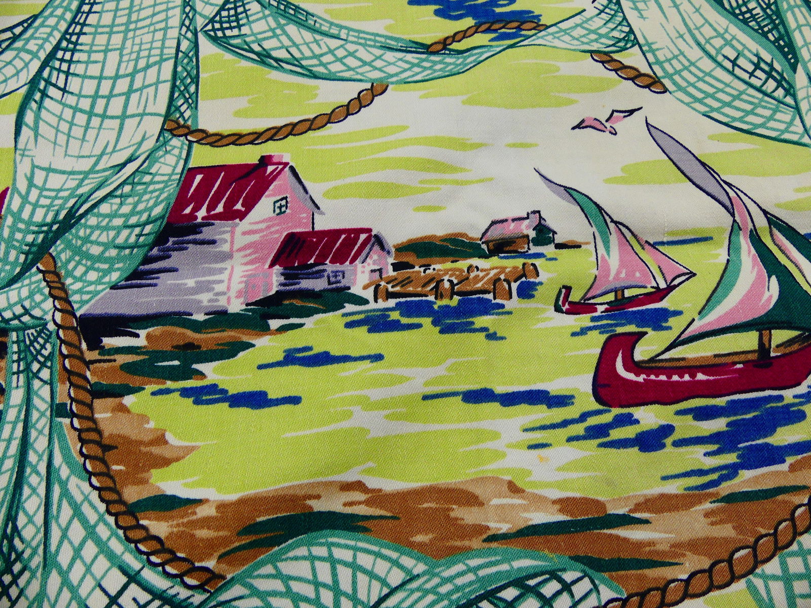 Vintage Sea Scene w/ Sail Boats Cotton Fabric: approx. 42" x 82", some holes at edge, see photos