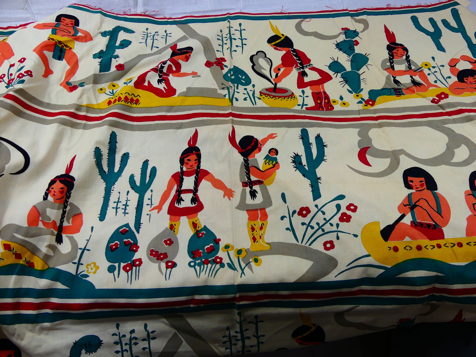 Vintage Hiawatha Hand Print Cotton Fabric: approx. 50" x 240", see photos