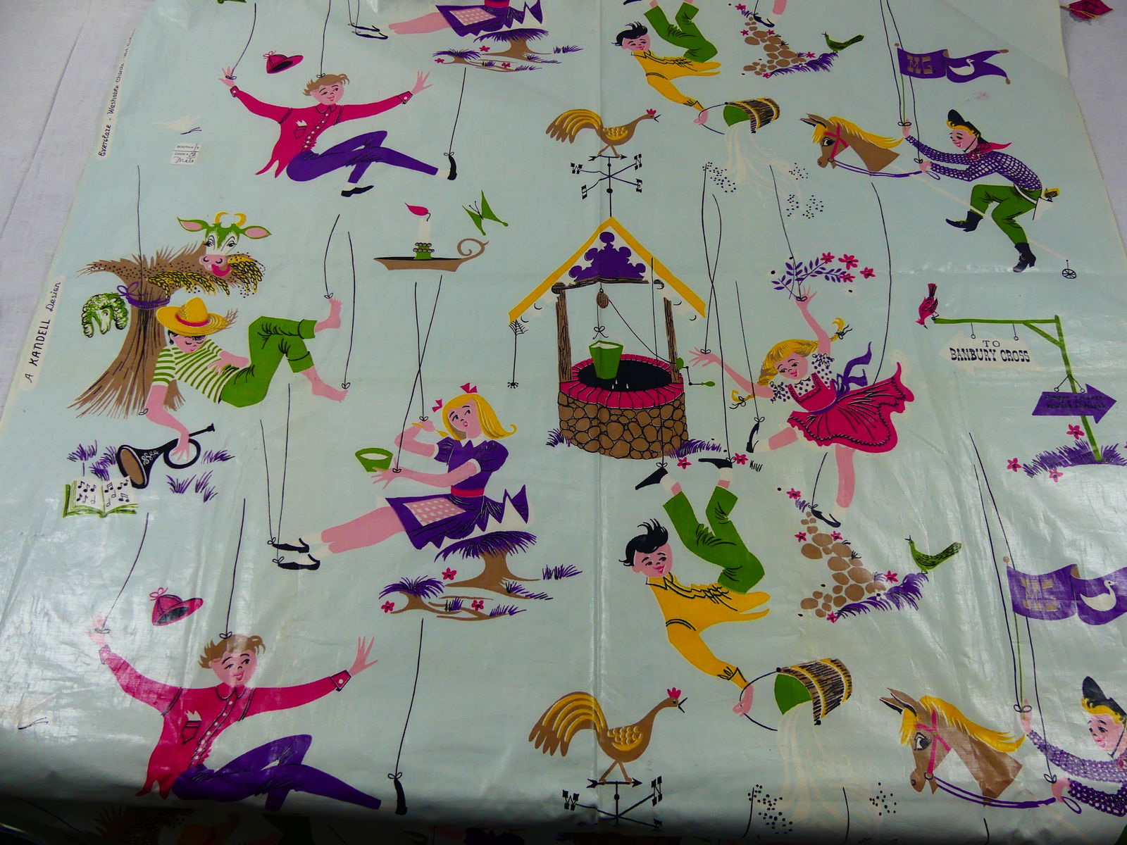 Vintage 1940-50's Kandell Nursery Rhyme Print Chintz Fabric: approx. 36" x 485", see photos