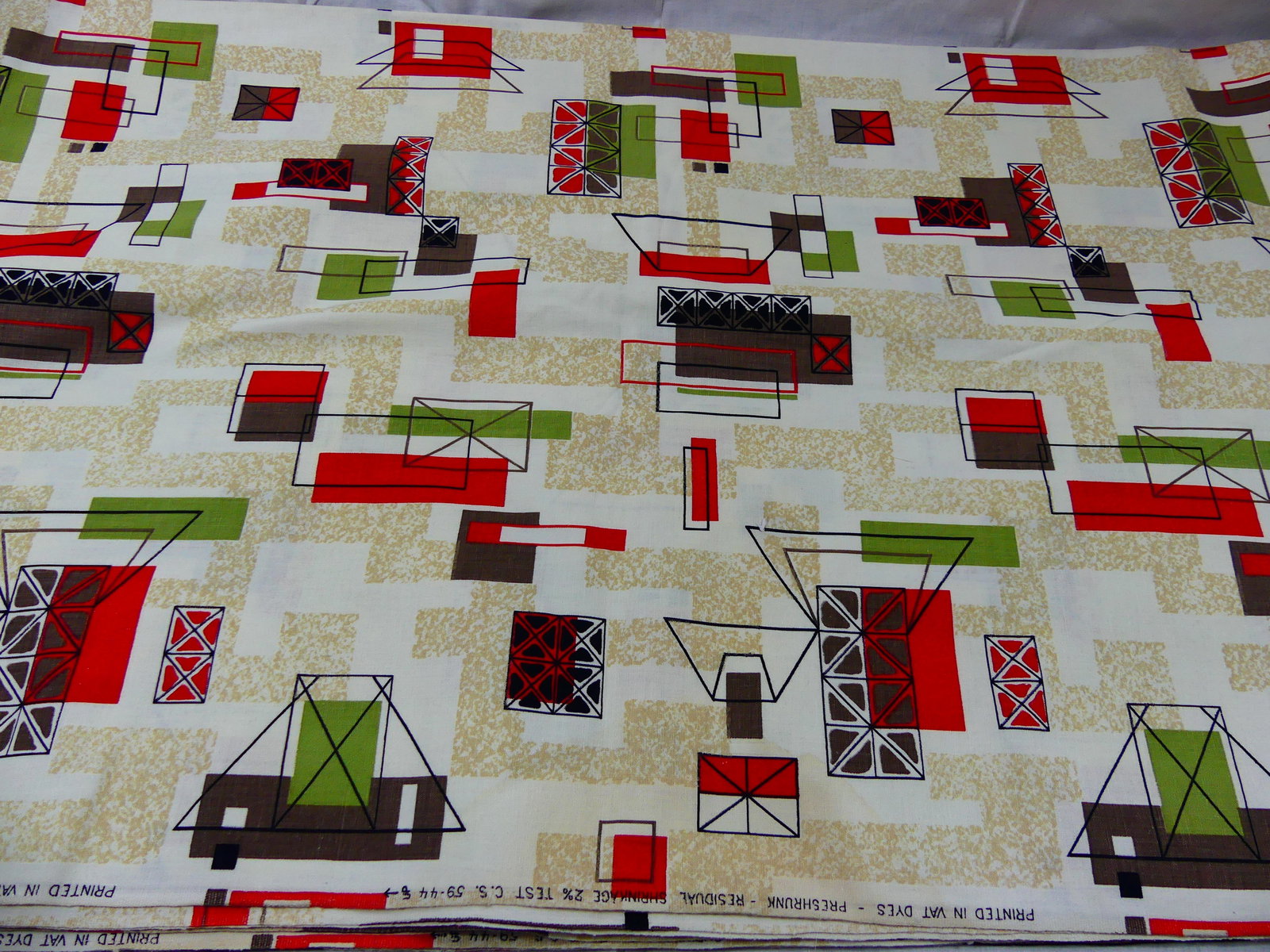 Vintage 1960s Cotton Geometric Print Fabric in Vat Dyes: approx. 48" x 330", see photos