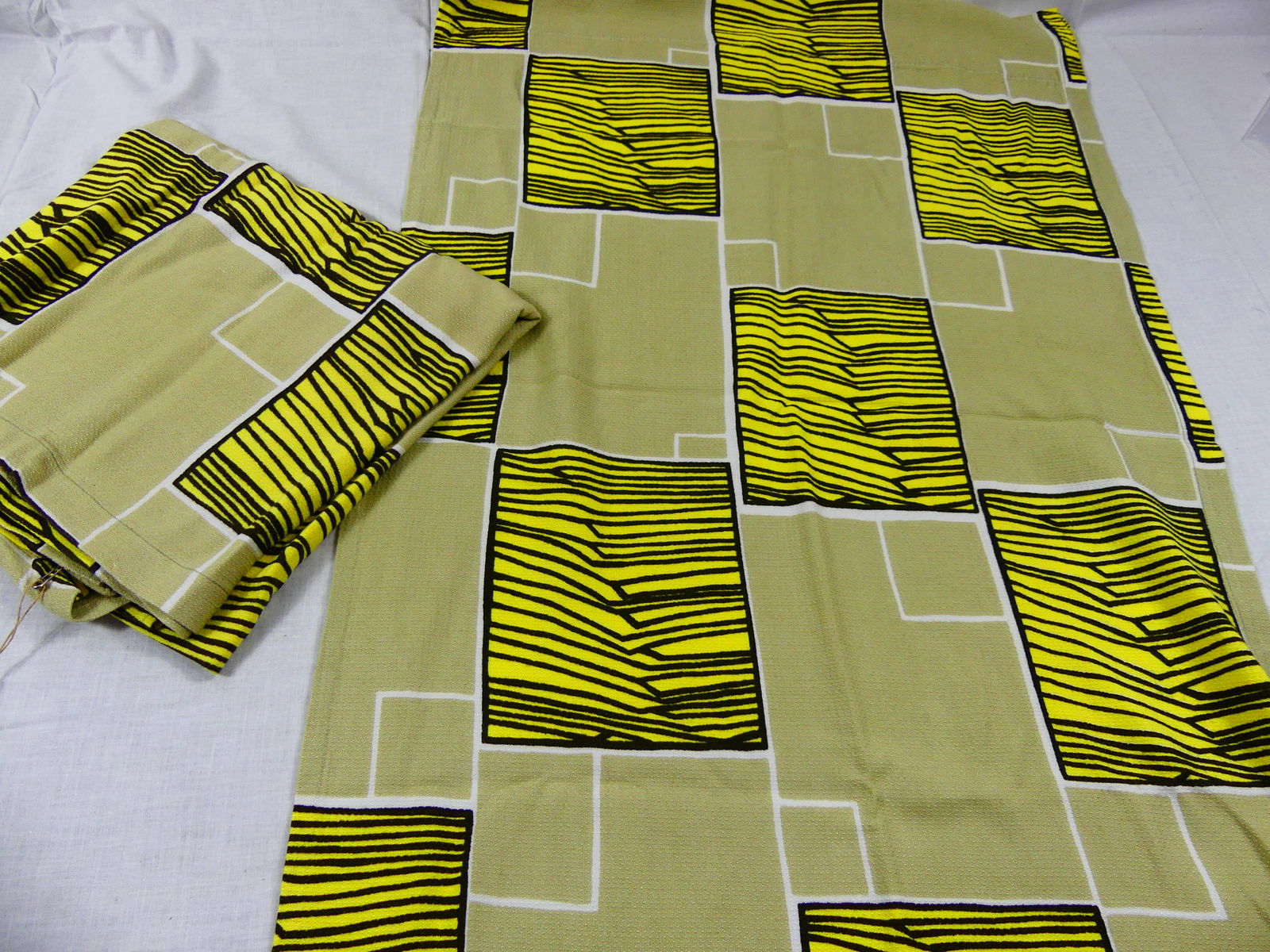 Vintage 1950-60's Cotton Geometric Yellow & Gold Fabric: 2 pieces, approx. 20" x 68" & 42" x 40", see photos