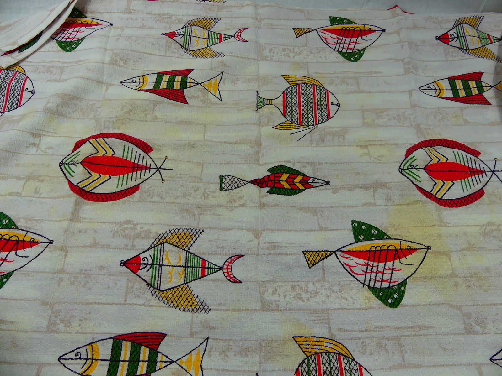 Vintage 1960s cotton Barkcloth Fish Vat Print Fabric: approx. 47" x 61", tear on edge, some yellowing, see photos
