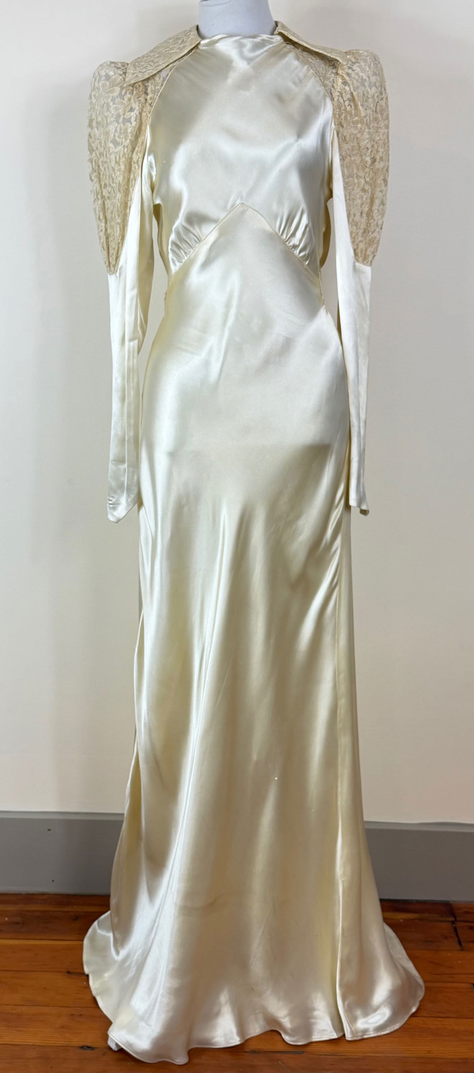 Vintage 1930s Silk Satin Wedding Gown: approx. B 32", W 23" few small stains, holes & scuffs, see photos