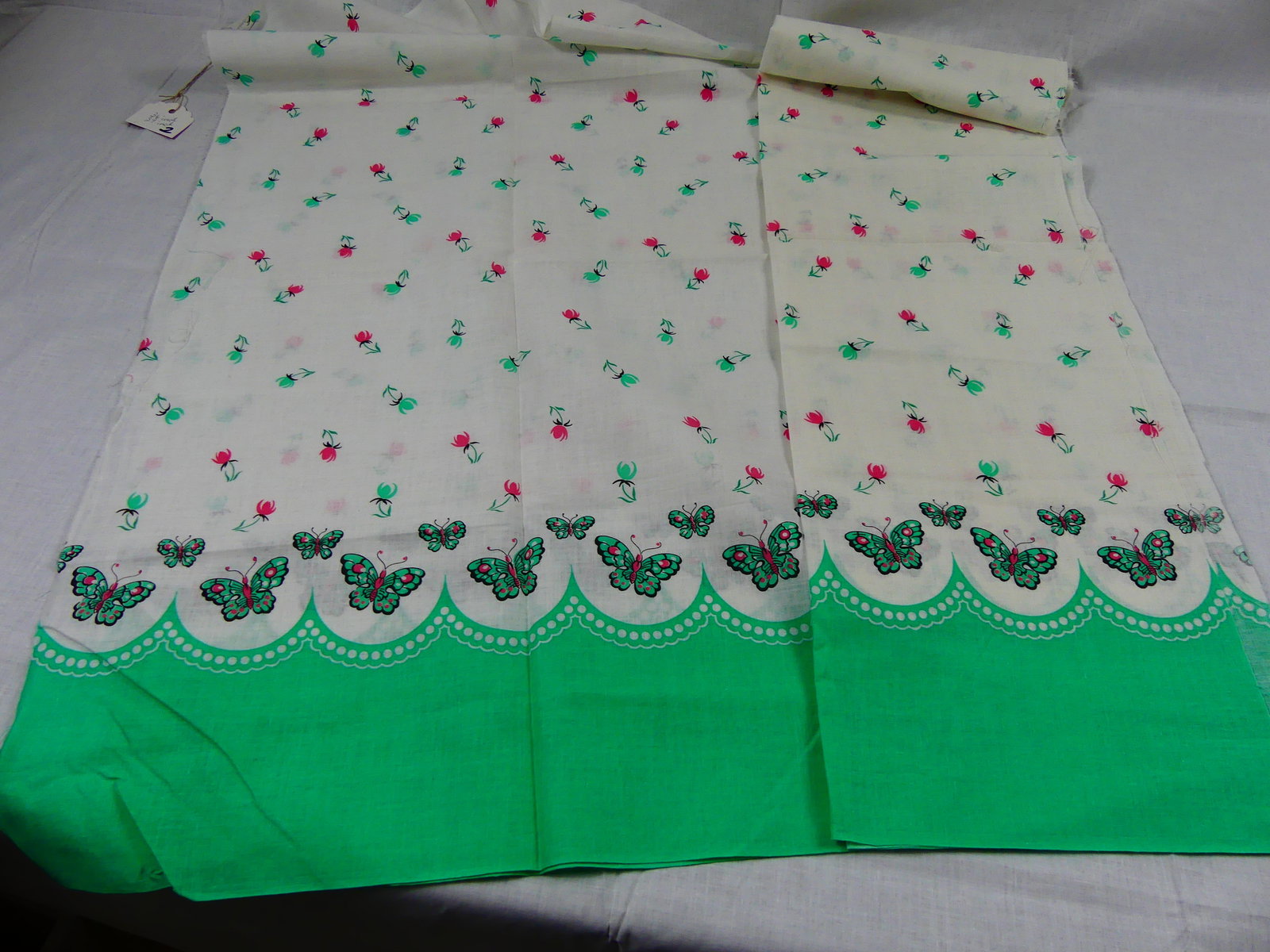 Lot of 2 Vintage 1940-50's Green Tulip & Butterfly Pillow Case Fabric: approx. 36" x 39" & 40", see photos