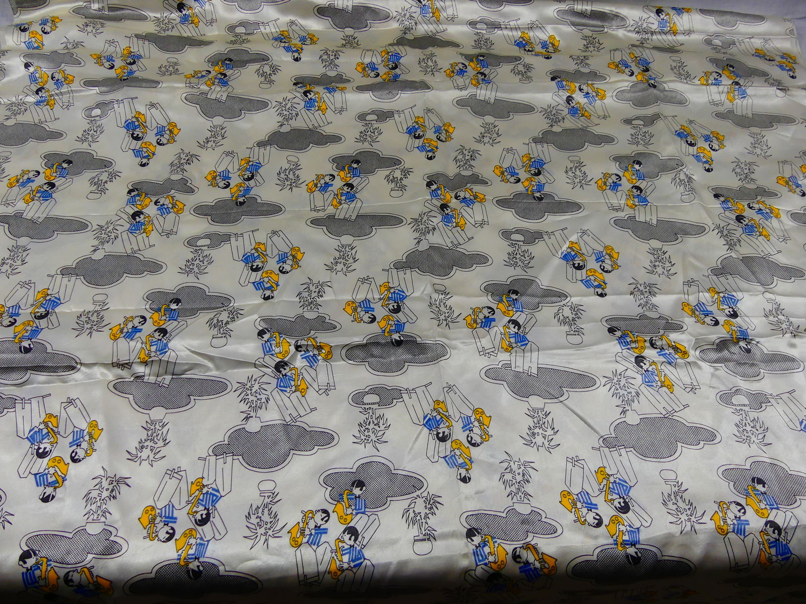 Vintage 1950-60's Novelty Jazz Print Satin Blend Fabric: approx. 43" x 120", see photos